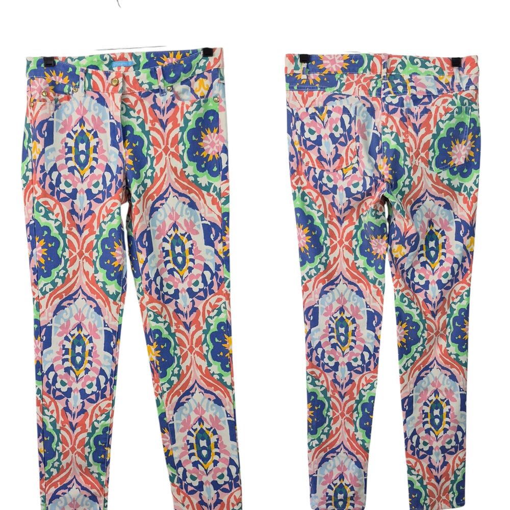 J. McLaughlin Lexi Midi Oahu Green Coral Blue Pastel Mid Rise Pants Jeans 4 28